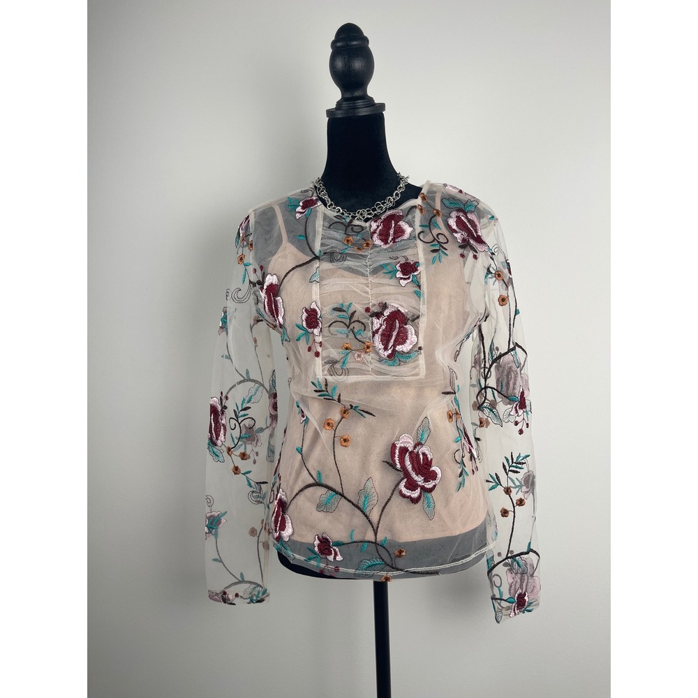 Endless Rose Floral Embroidered Sheer Mesh Top with Cami NWT Small Burgundy Tan